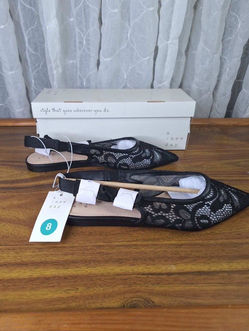 a new day Black Lace Mesh Bow Pointed Slingback Flats - Women's Size 8